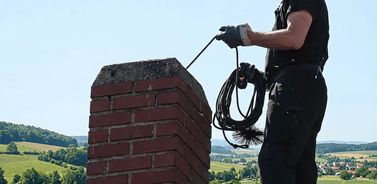 Chimney sweep inspecting and cleaning a rooftop chimney in Green Bay, WI